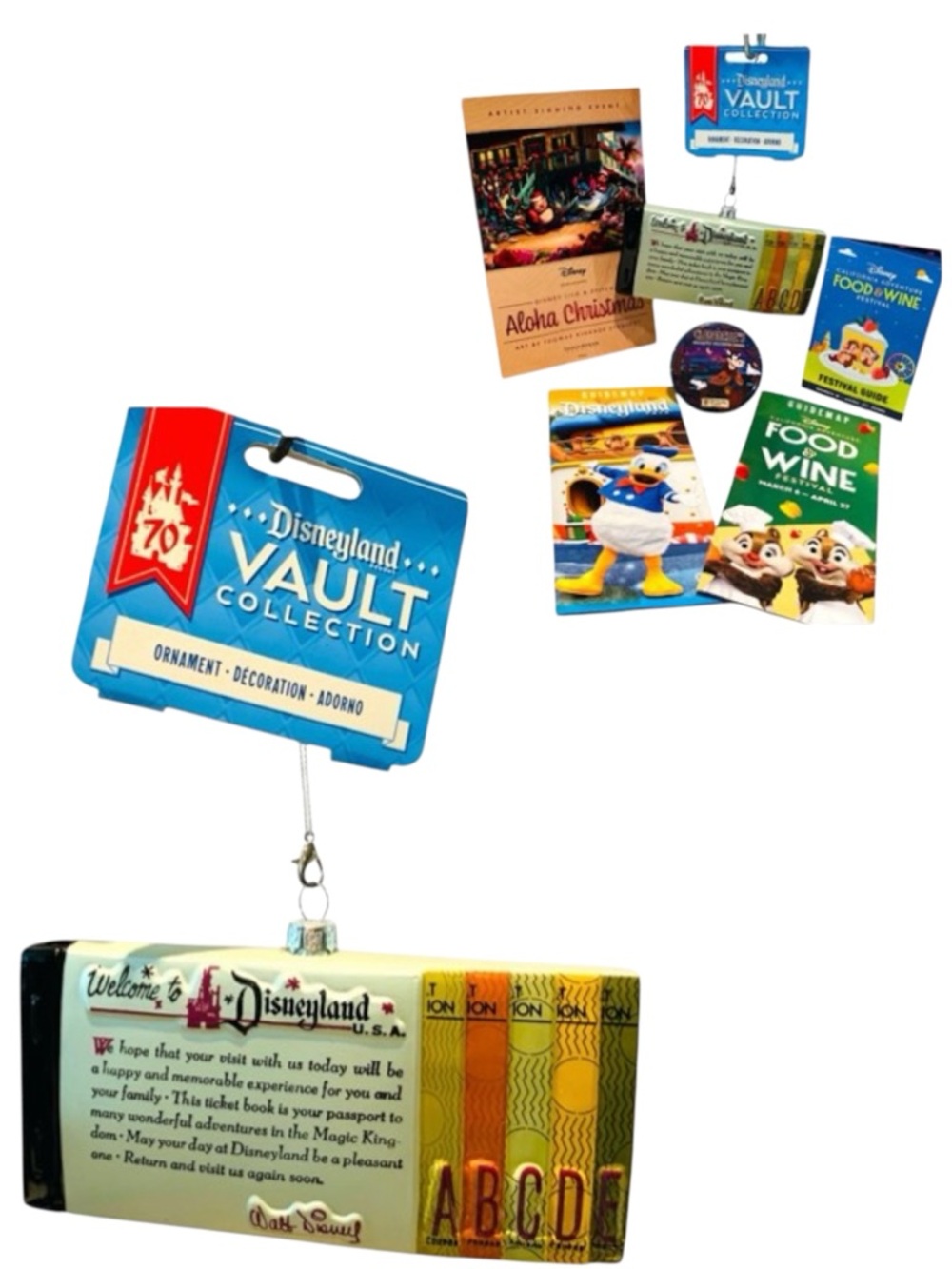 Disneyland 70th Anniversary Ticket Book Ornament Vault Collection & 5 Extras NEW